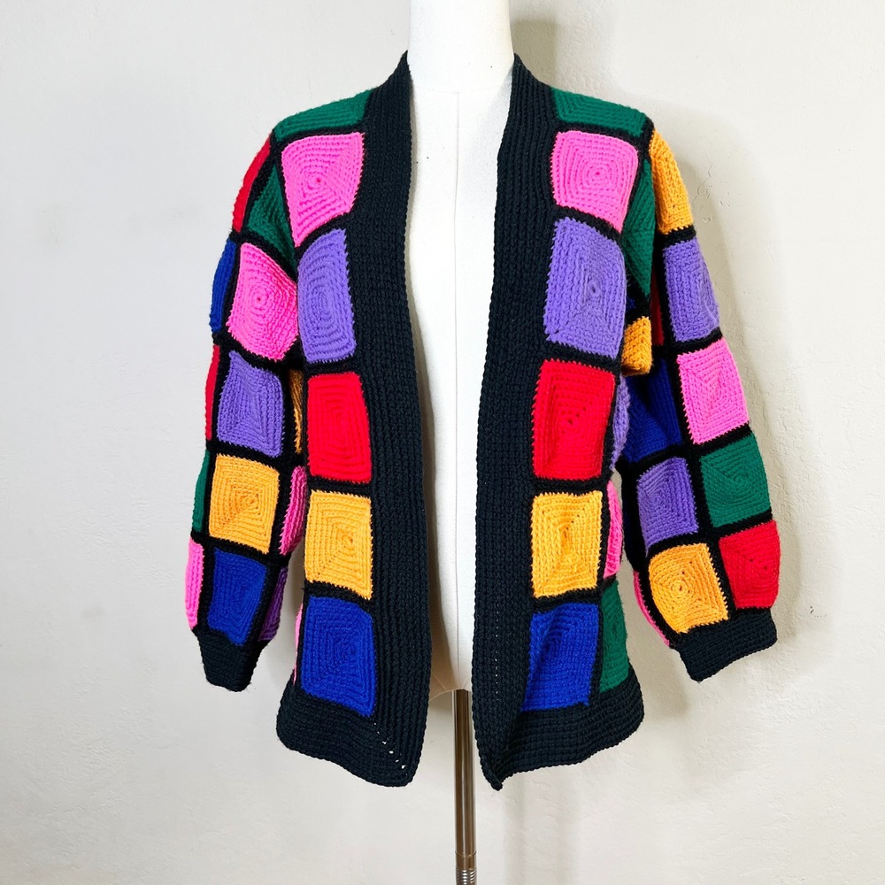 Handmade Sweater Cardigan Granny Square Small Multi-Color Patchwork Knit